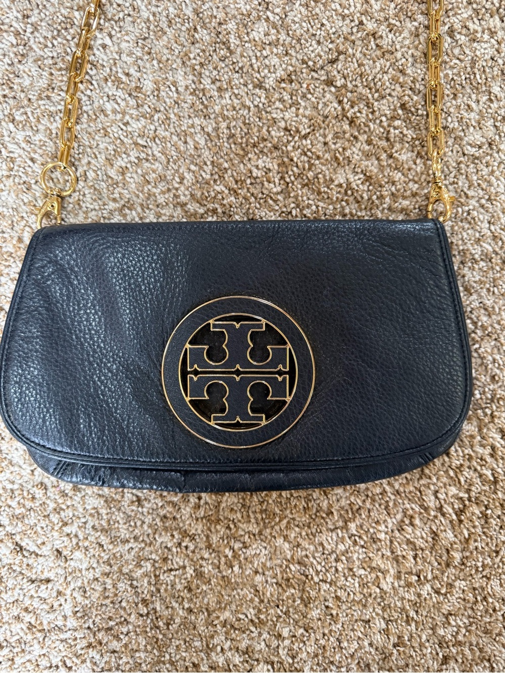 Tory Burch Black Leather Crossbody with Gold Logo Chain